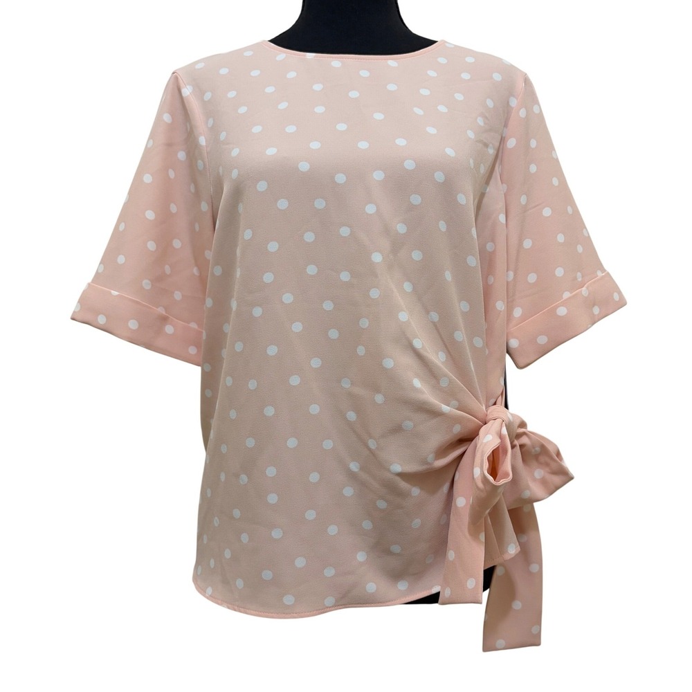 NEW Tommy Hilfiger Polka Dot Side Tie Blouse M‎ Pink Short Sleeve Top Feminine
